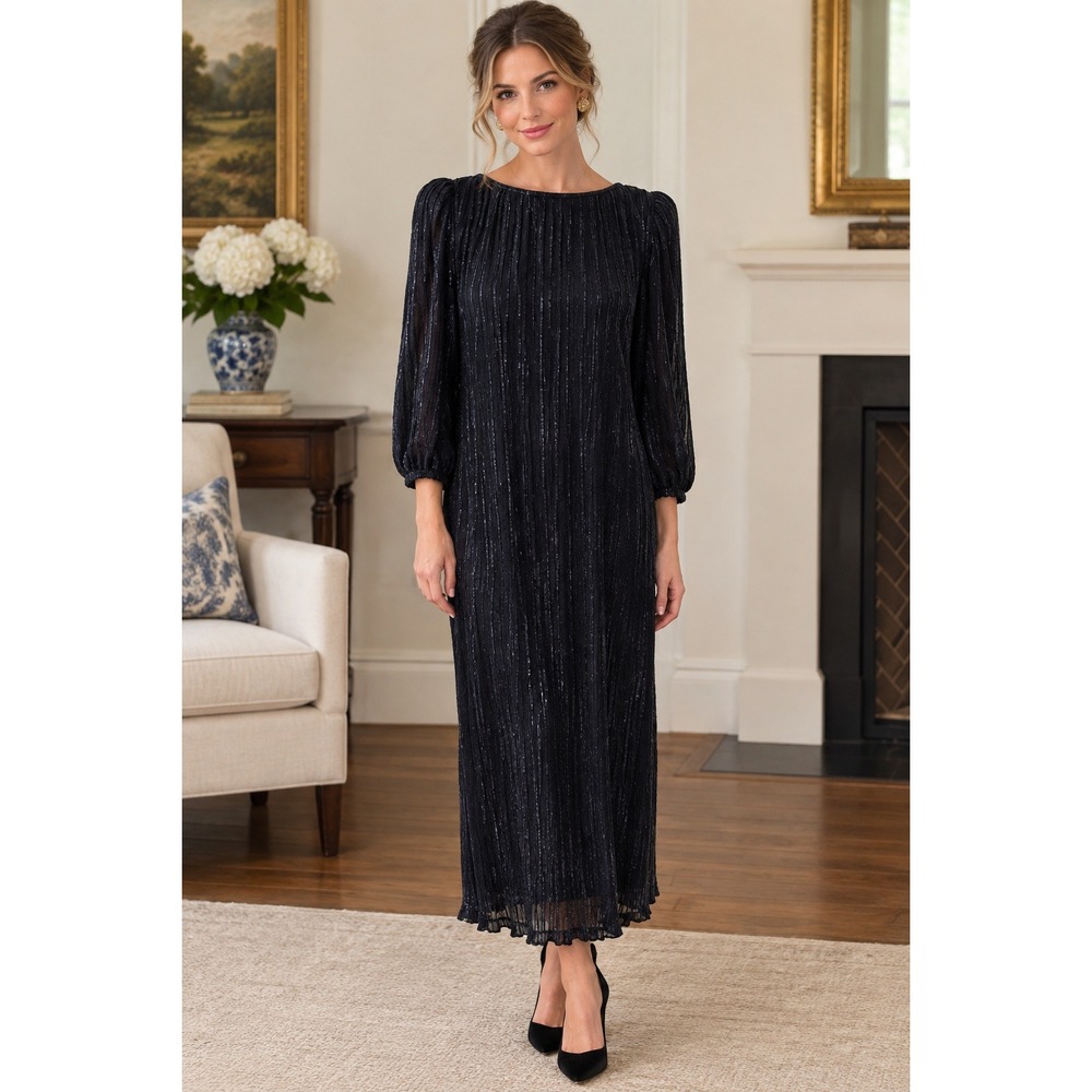 VTG 1970-1980's Black Metallic Pleated Balloon Sleeve Dress Smocked Hem Evening